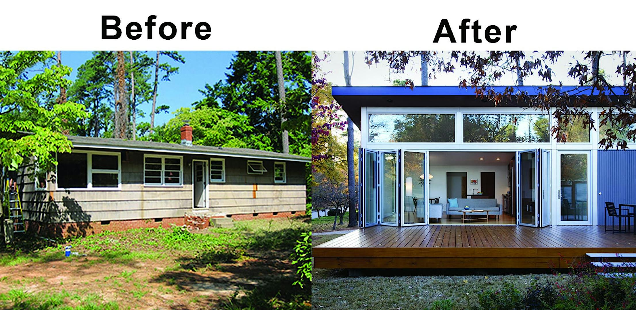remodel before and after with floor supported folding glass wall