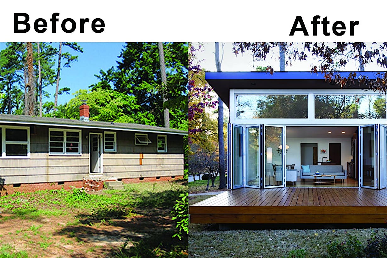 remodel before and after with floor supported folding glass wall
