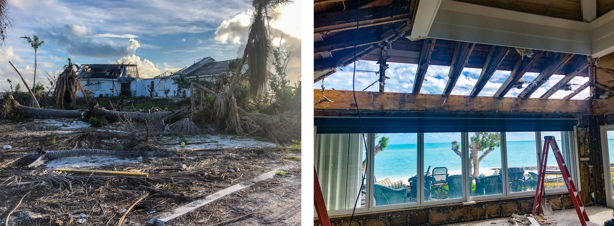 vacaation home destroyed by Hurricane Dorian with folding glass window wall intact