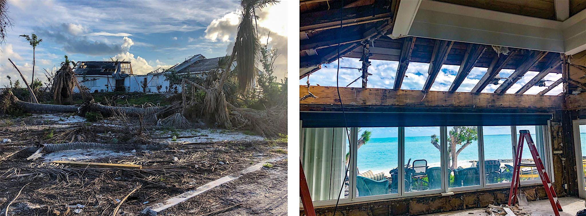 vacaation home destroyed by Hurricane Dorian with folding glass window wall intact