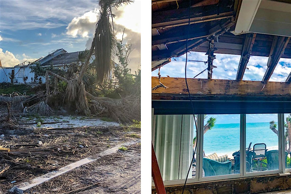 vacaation home destroyed by Hurricane Dorian with folding glass window wall intact