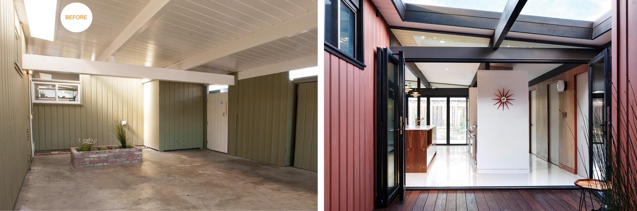 Eichler homes carport before and after remodel with folding glass wall SL60