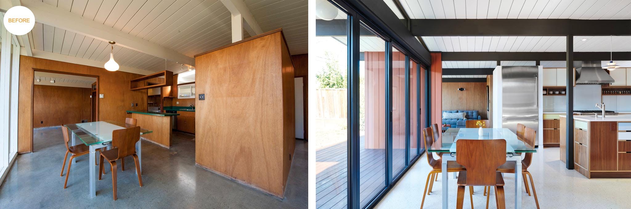 opening the dining room of eichler home to the backyard with NanaWall folding door