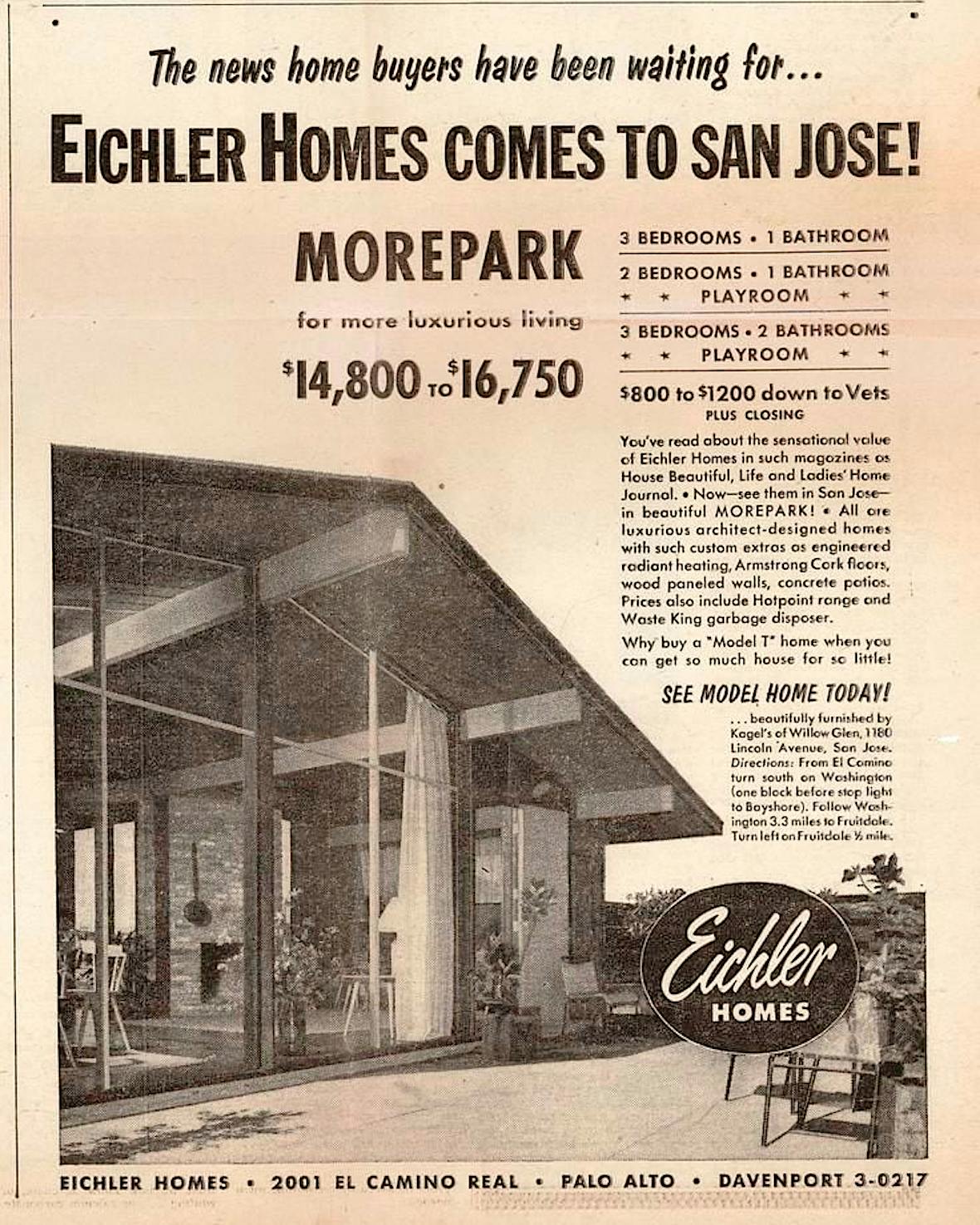 Eichler homes comes to San Jose Morepark original advertisement