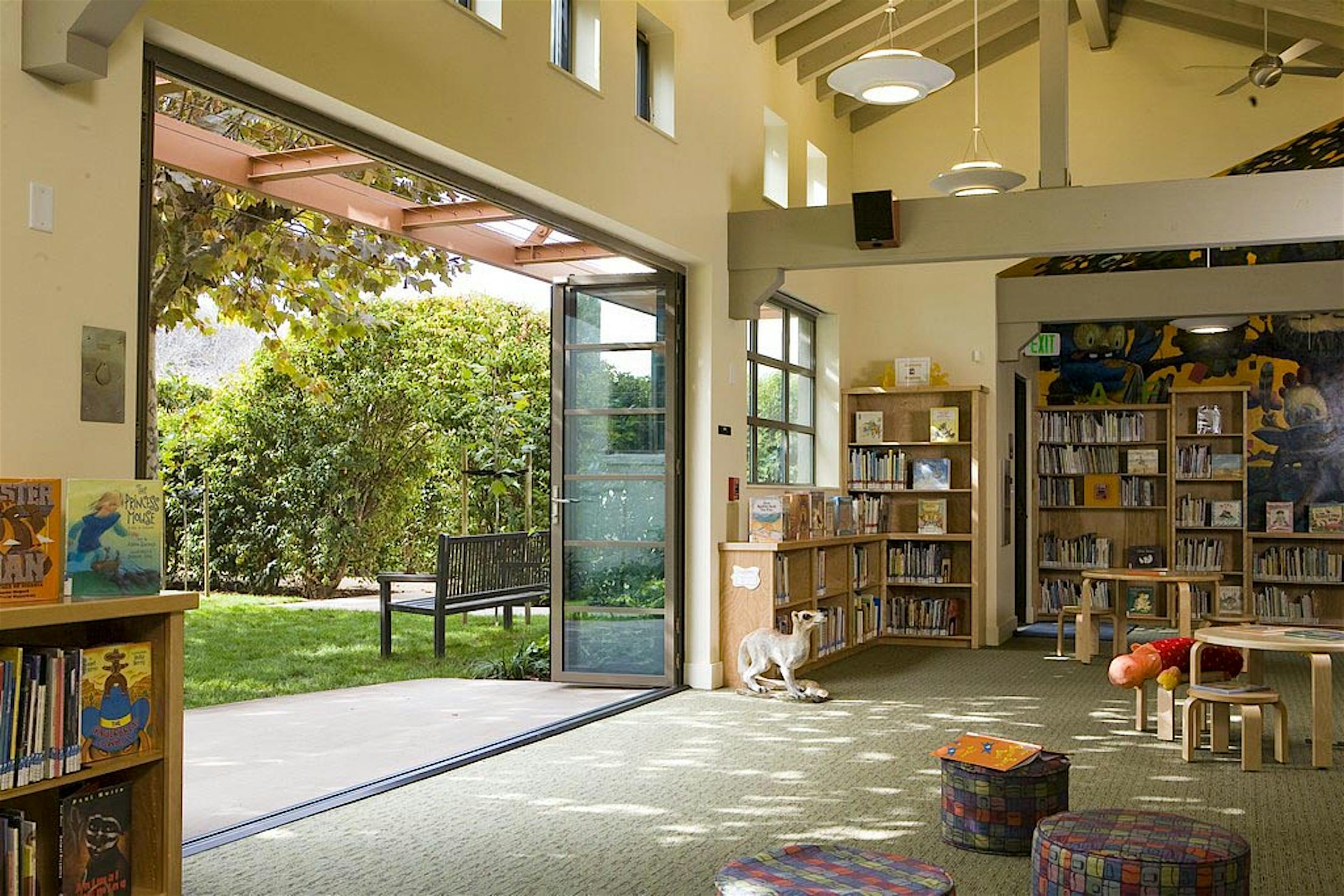 library in Palo Alto with folding glass walls with horizontal mullions to allow for expanded learning space in school design