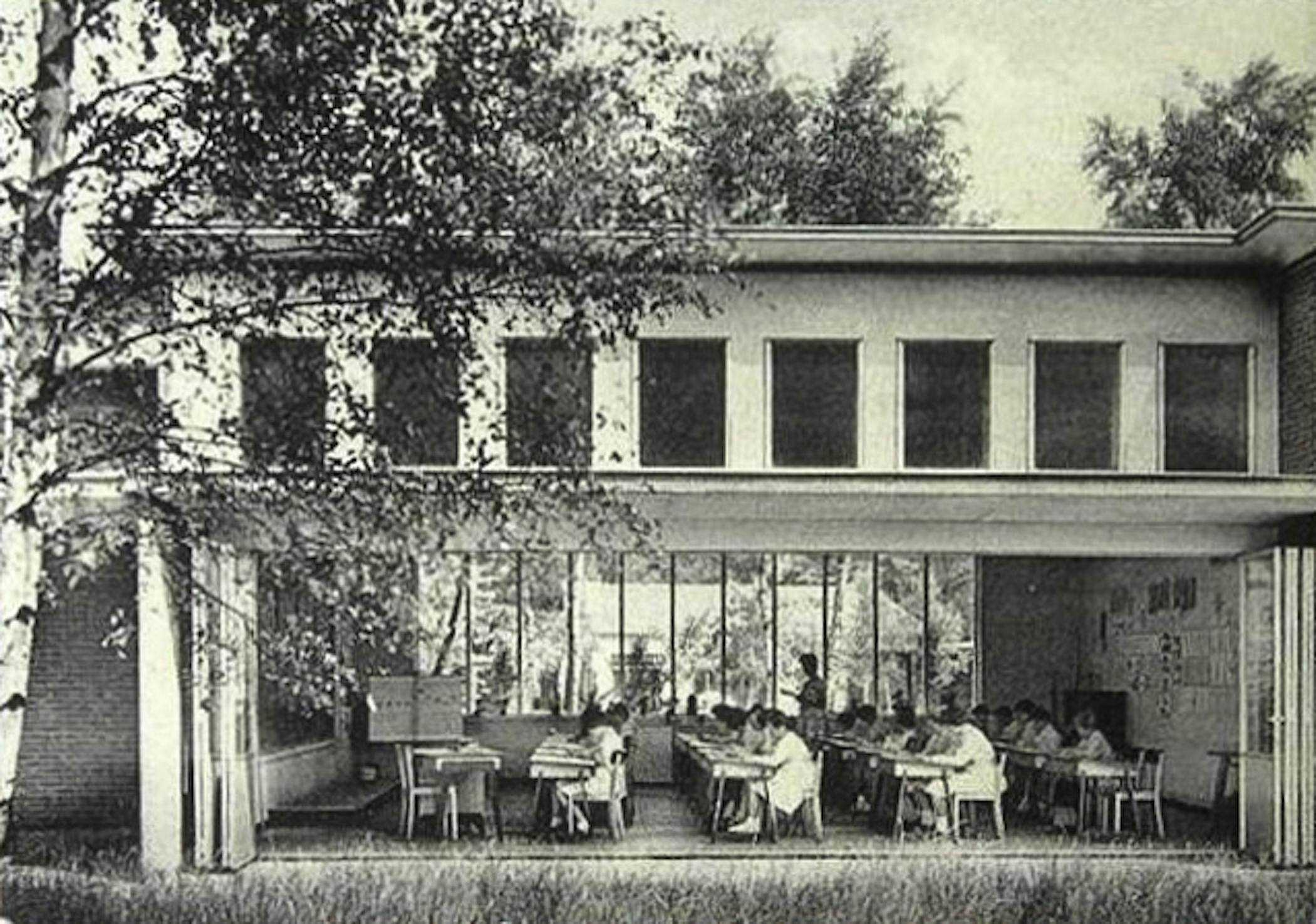 early open air classroom design from north europe during TB outbreak with folding glass wall