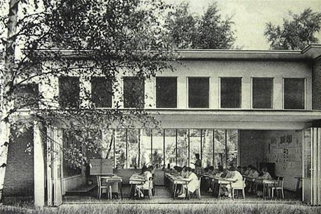early open air classroom design from north europe during TB outbreak with folding glass wall