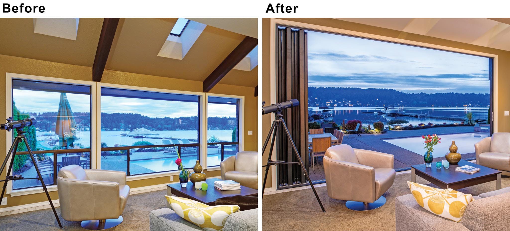 Living room remodel before and after with folding glass wall