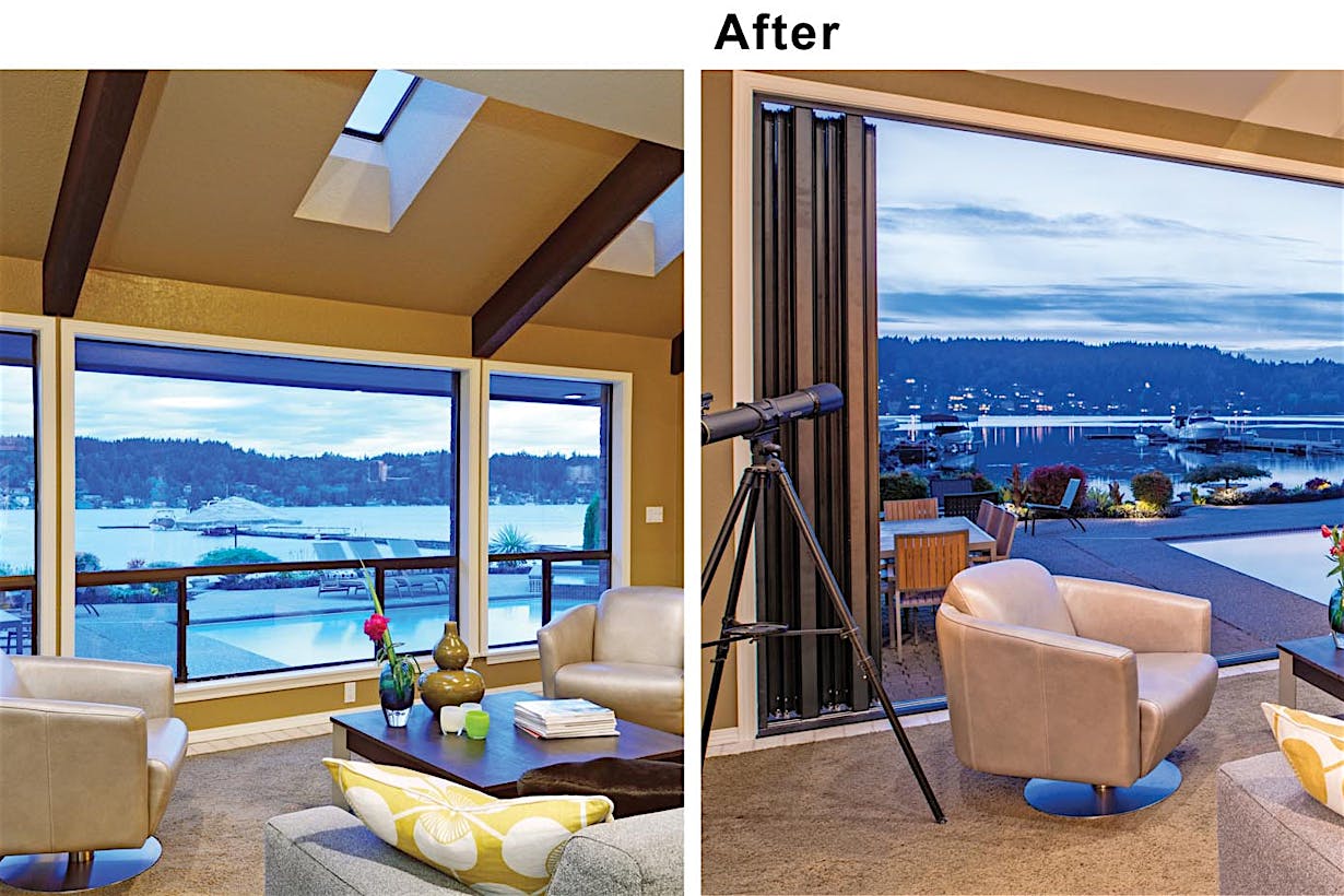 Living room remodel before and after with folding glass wall