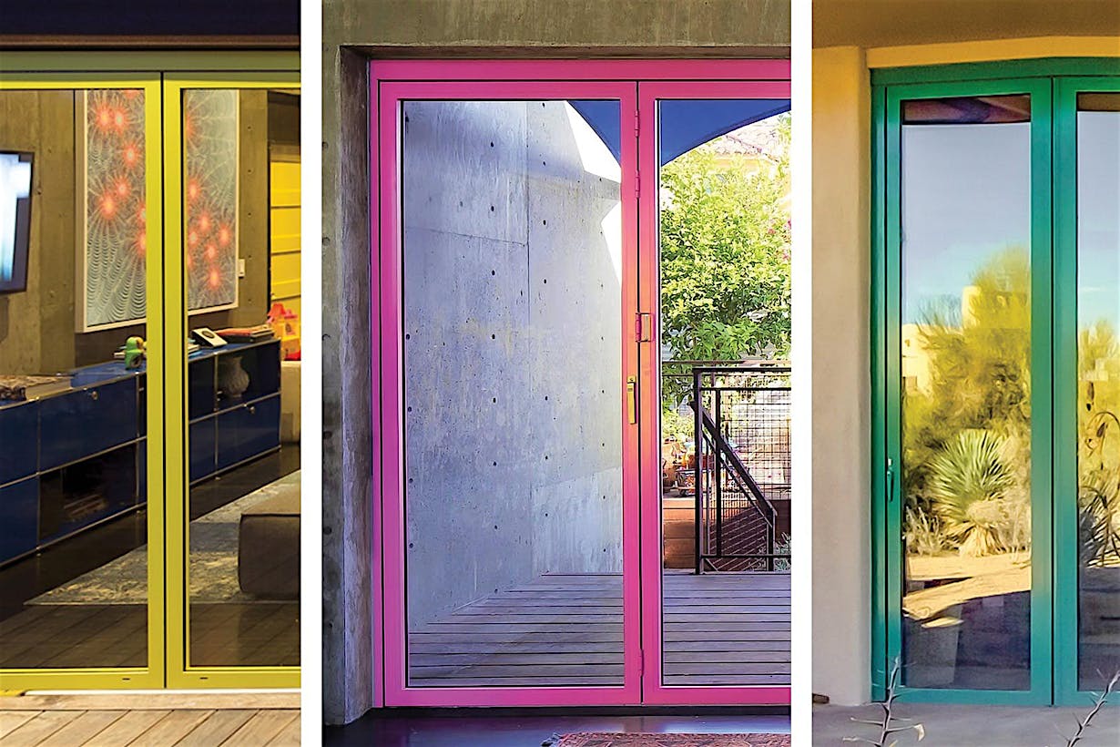 three brightly colored aluminum framed opening glass wall systems