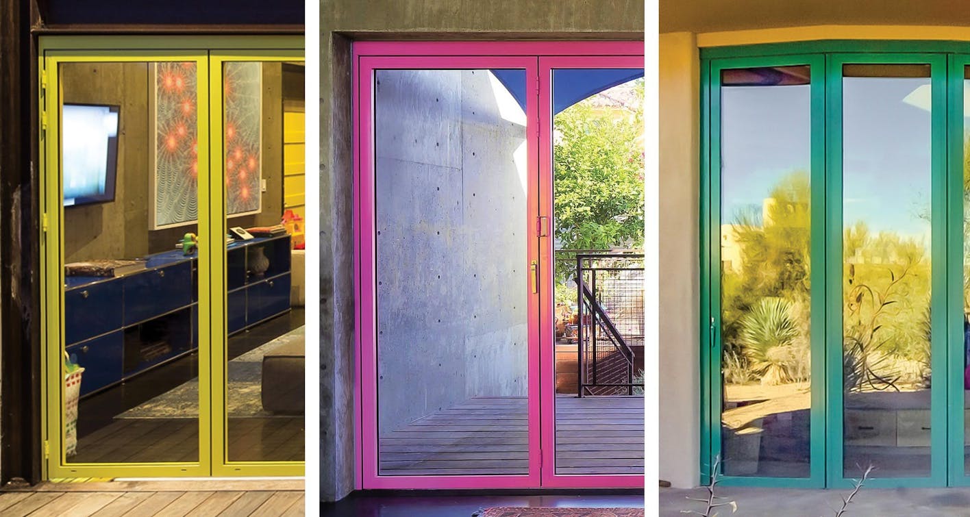 three brightly colored aluminum framed opening glass wall systems