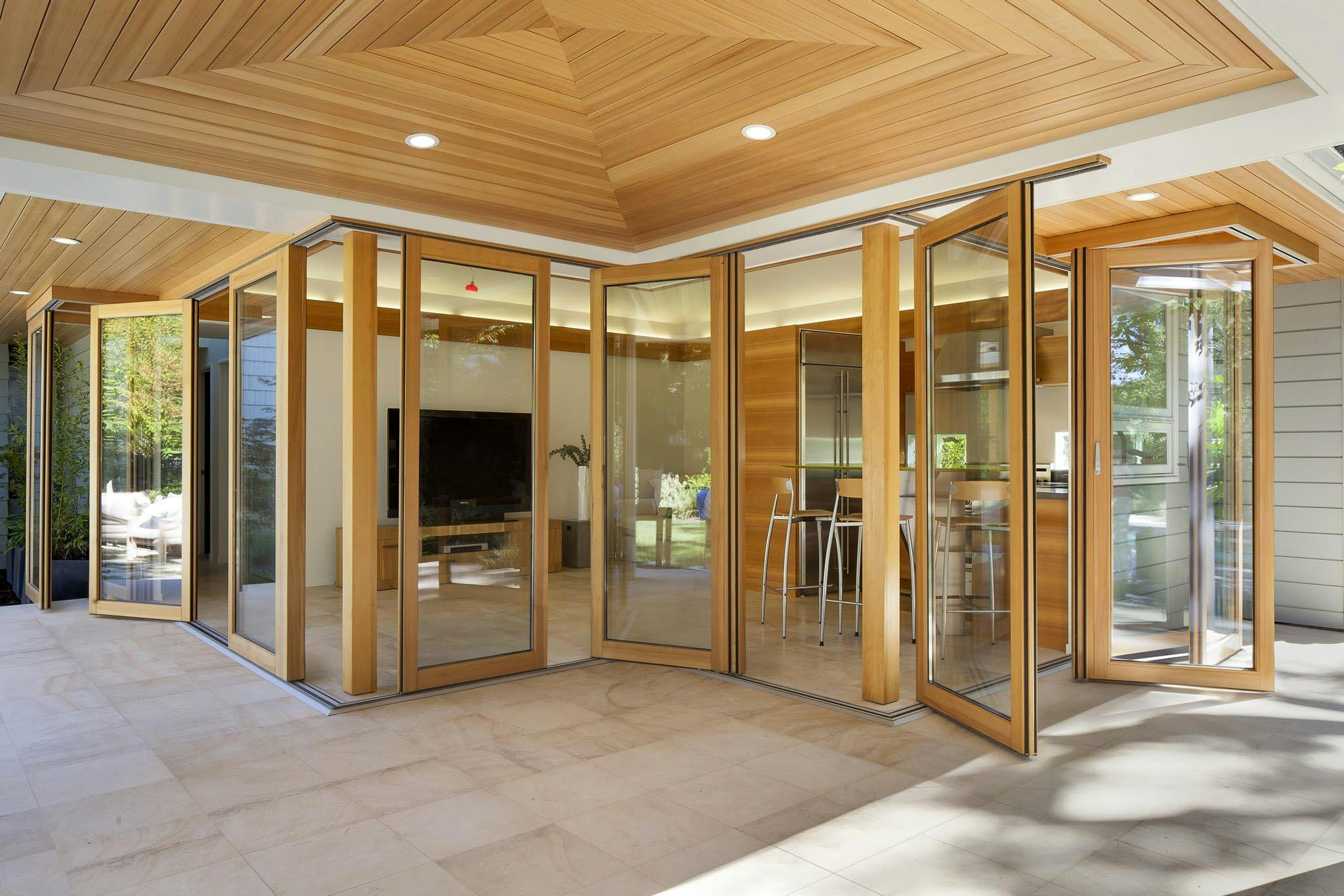 wood framed opening glass walls