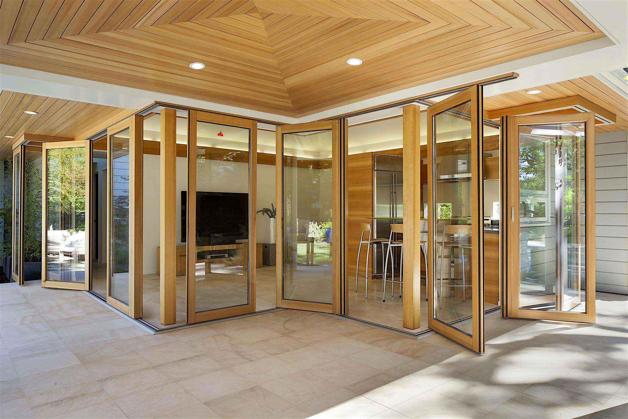 wood framed opening glass walls