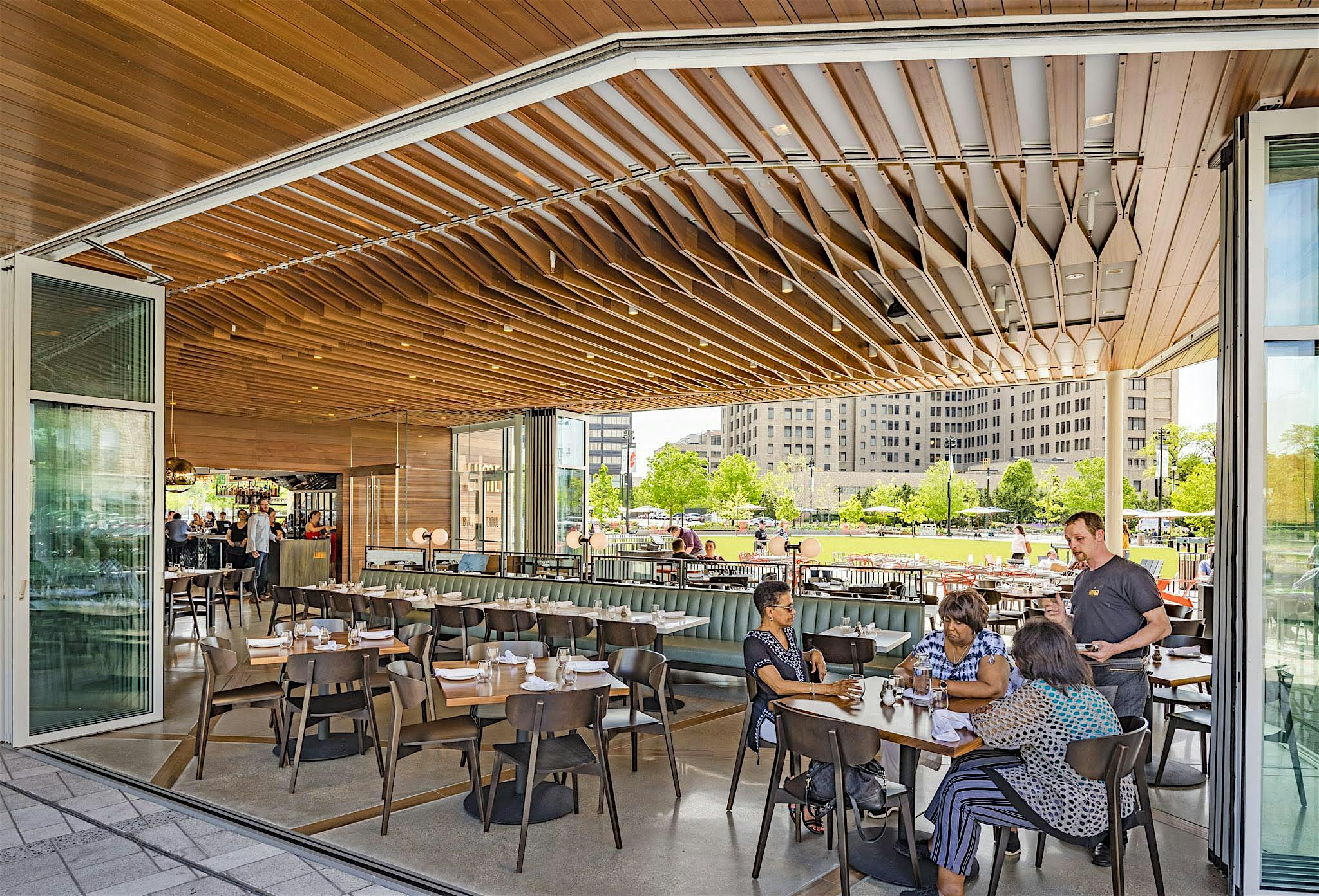 outdoor dining with open restaurant design at Lumen Detroit