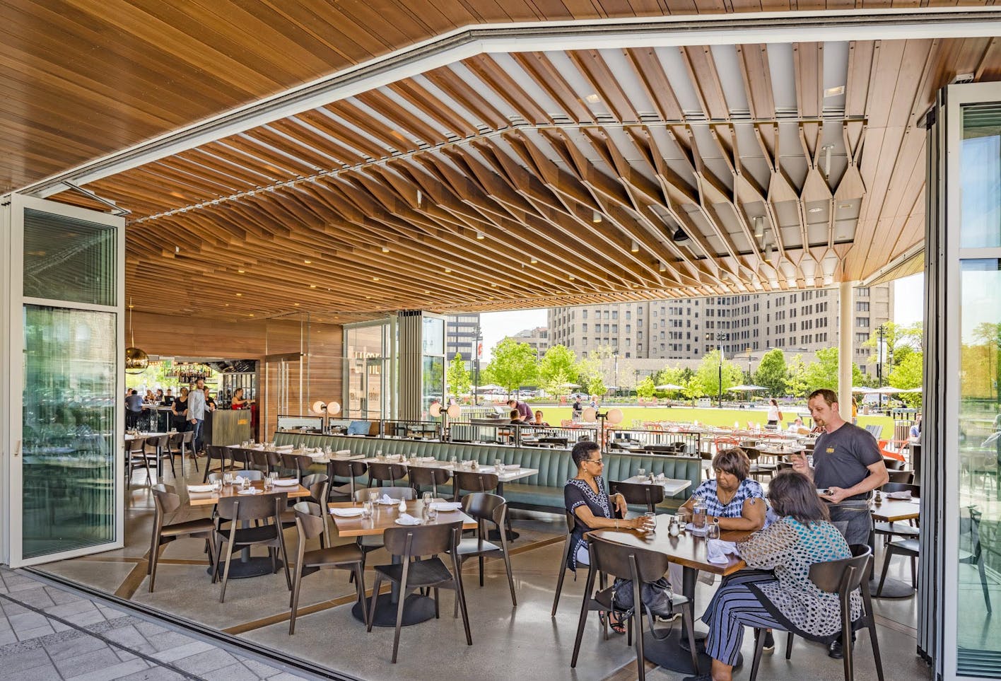 outdoor dining with open restaurant design at Lumen Detroit