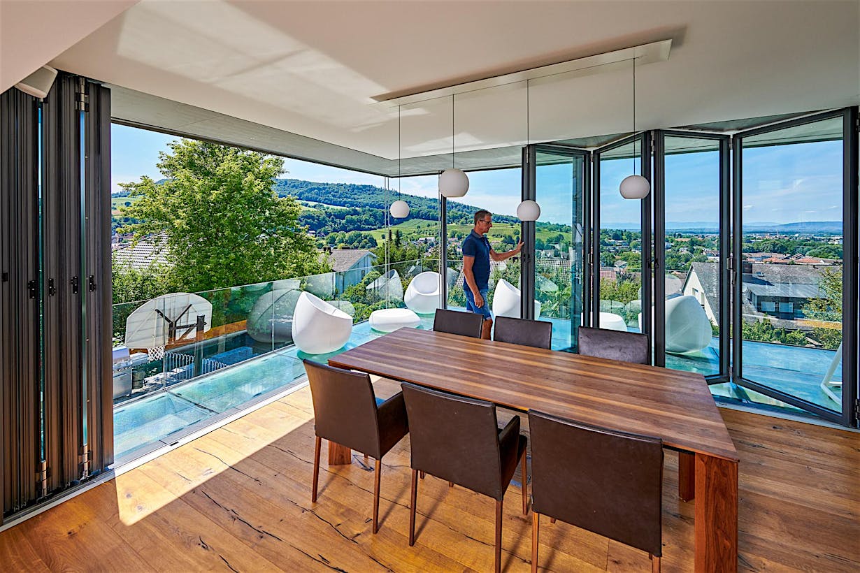 open corner design with exterior moving glass walls