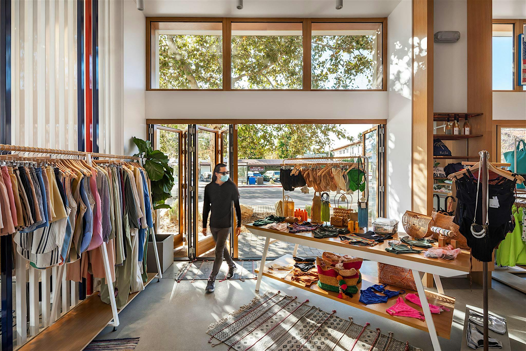 moveable glass storefront in wood