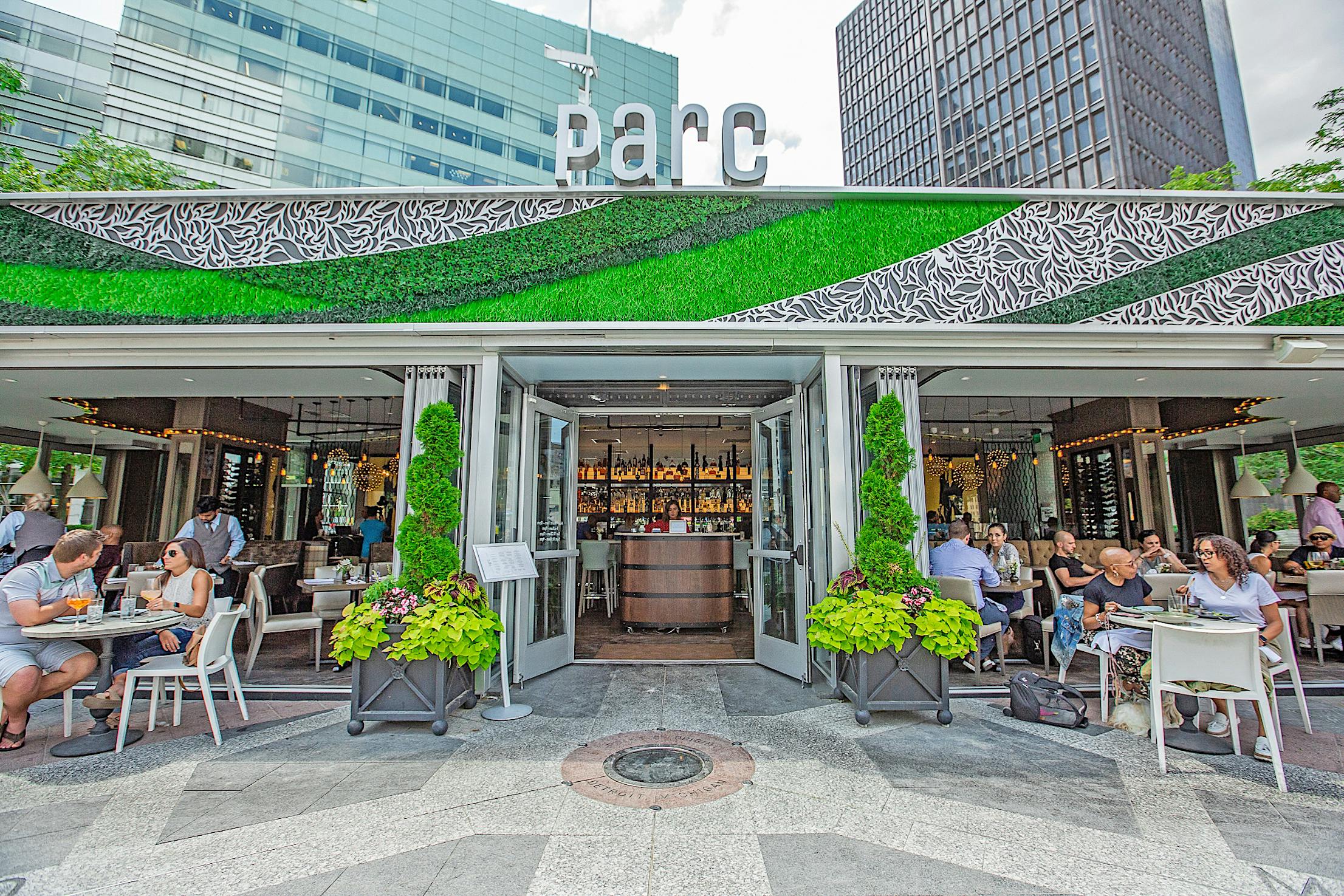 exterior stacking glass doors at Parc Detroit