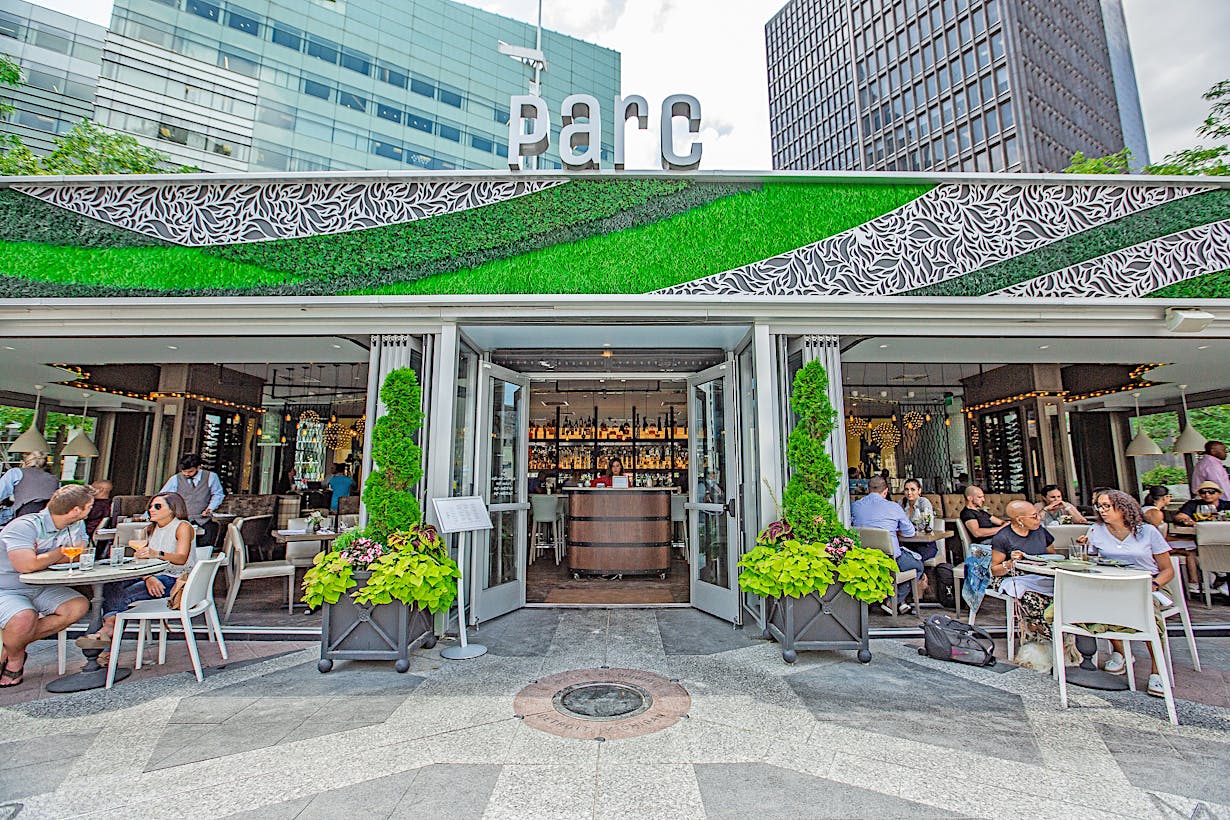 exterior stacking glass doors at Parc Detroit