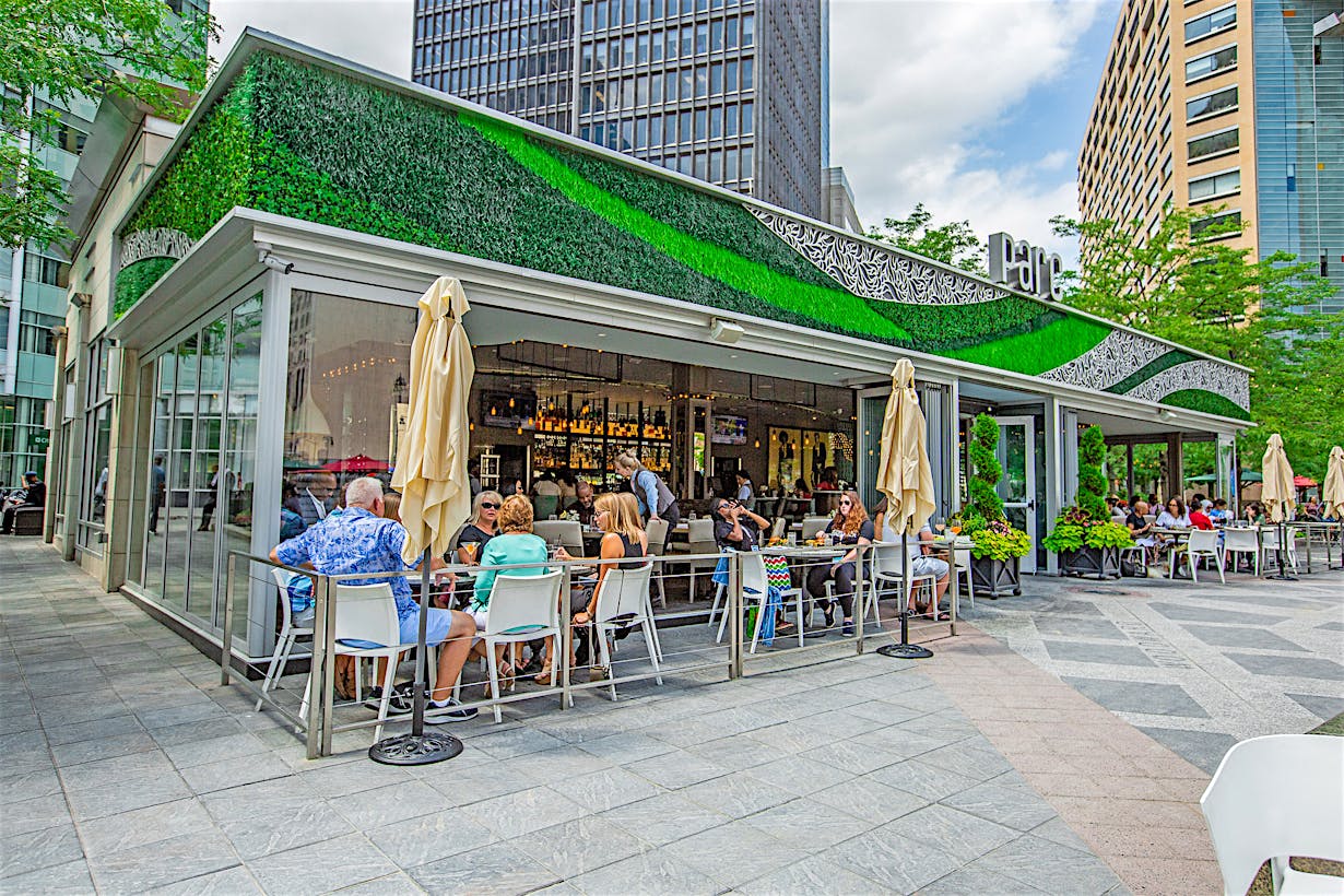 indoor outdoor restaurant with exterior stacking glass doors