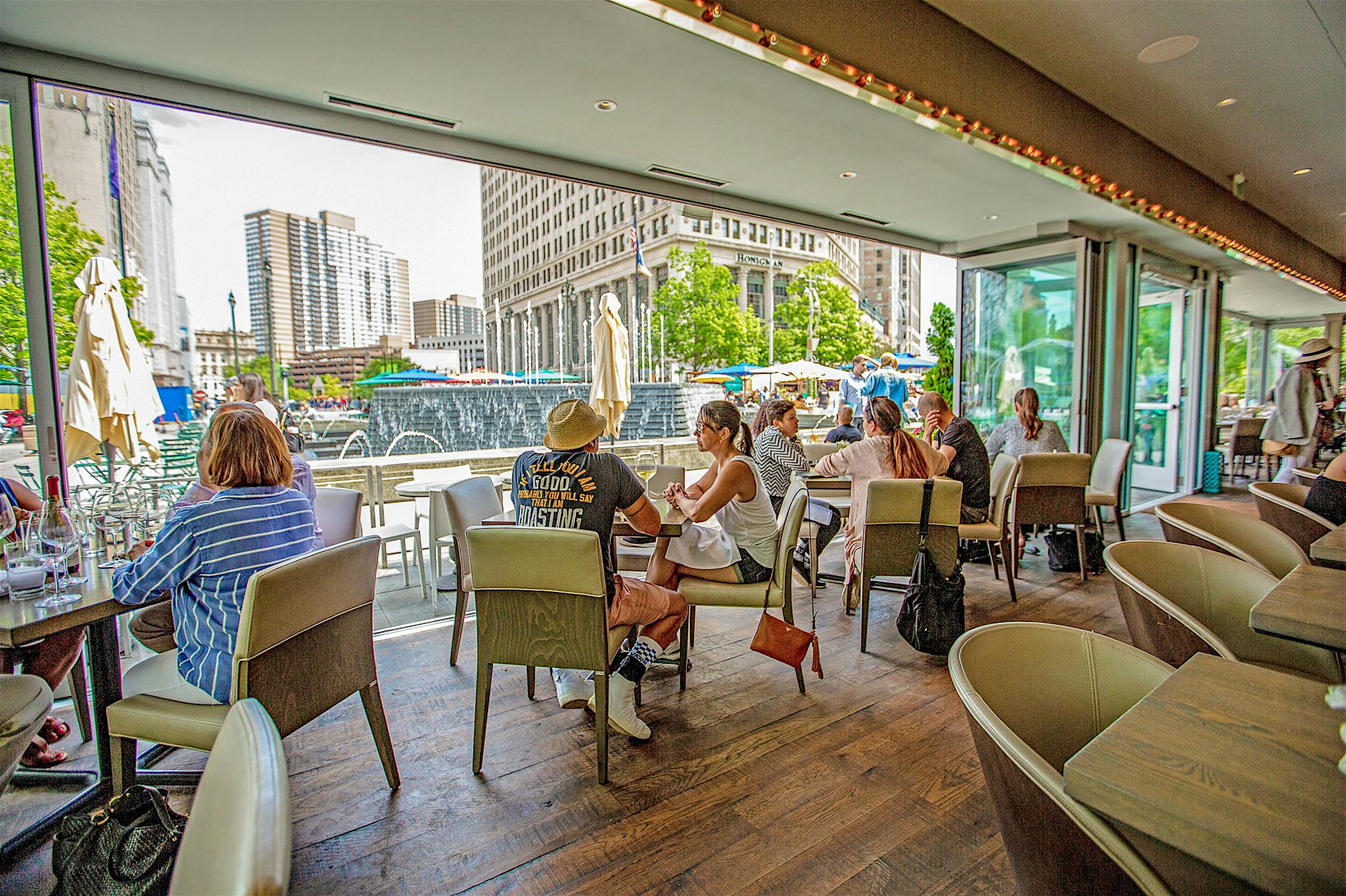 indoor outdoor restaurant with exterior stacking glass doors