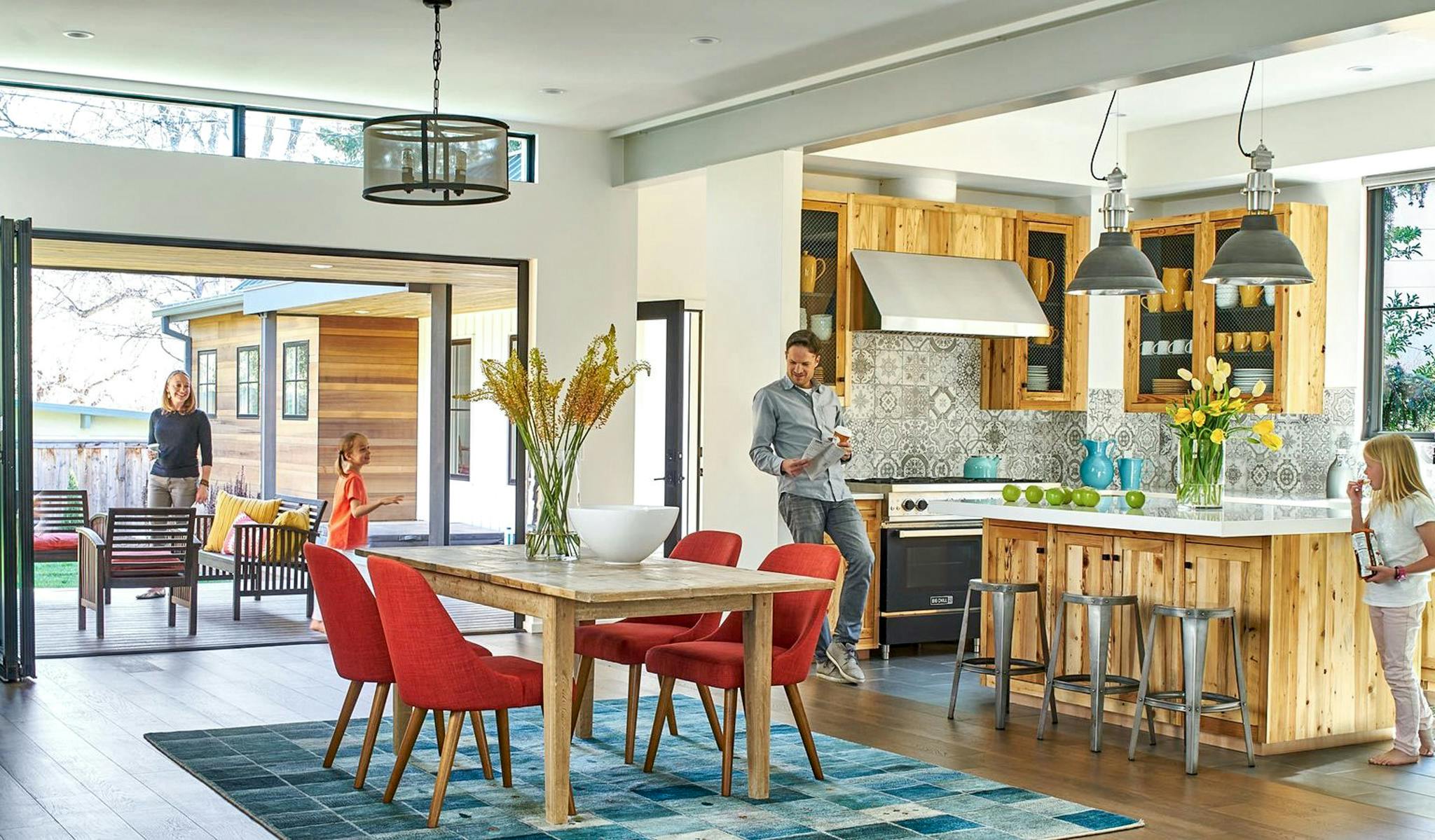 bright and airy kitchen with accordion glass doors