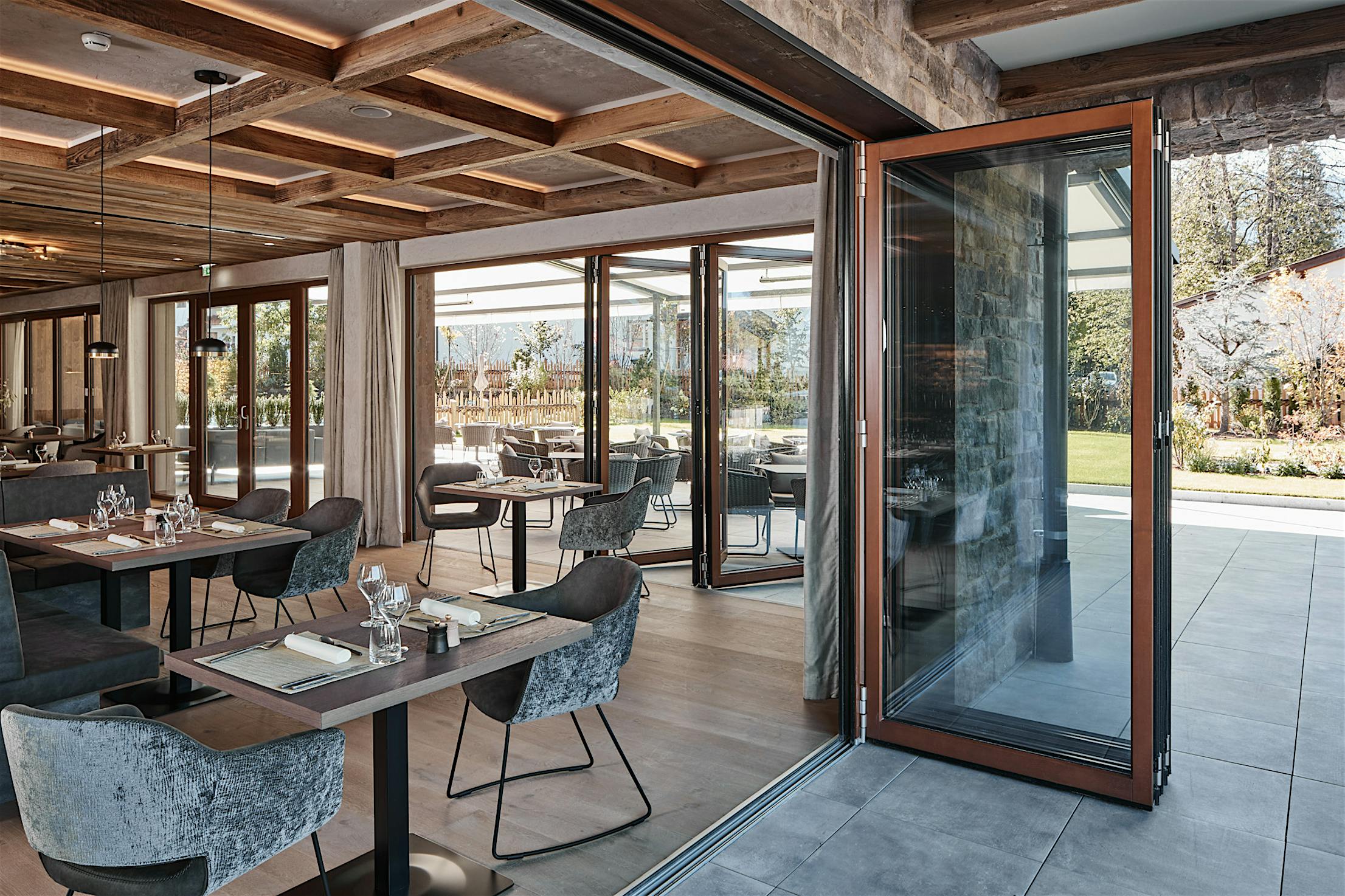 commercial wood framed folding glass walls