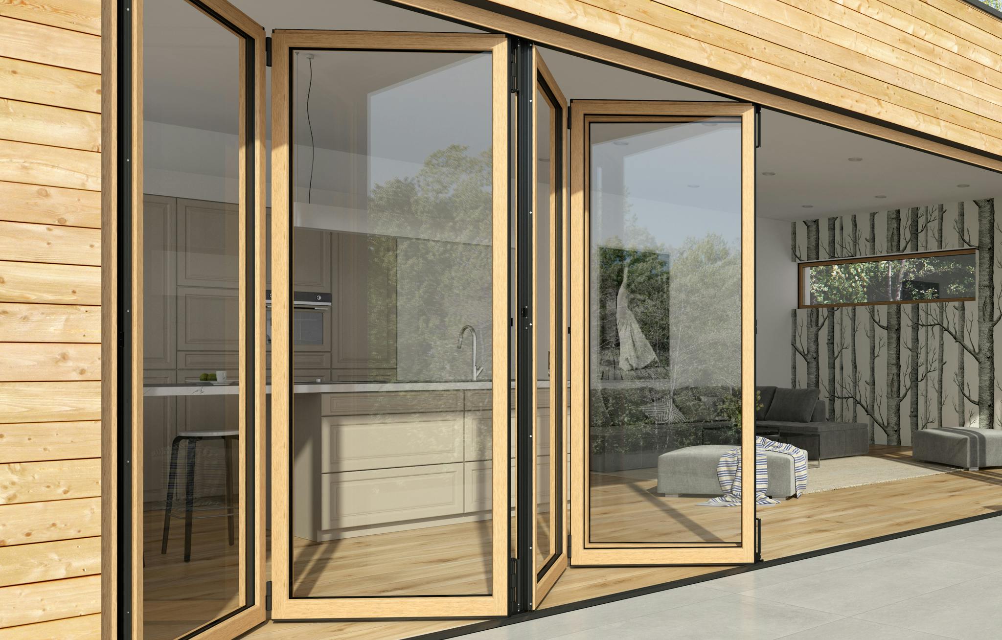 wood framed folding glass doors