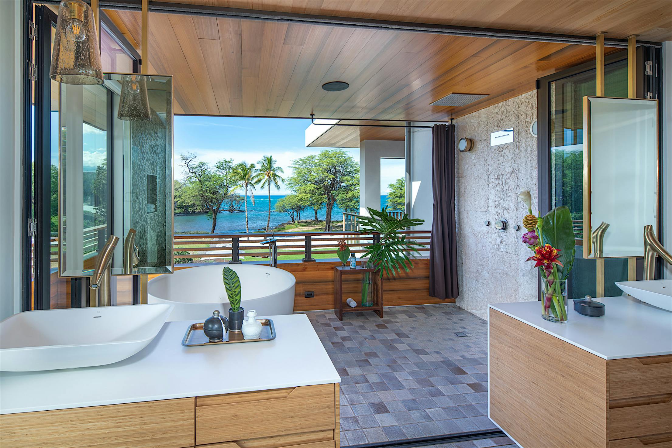 Airbnb bathroom with residential glass walls