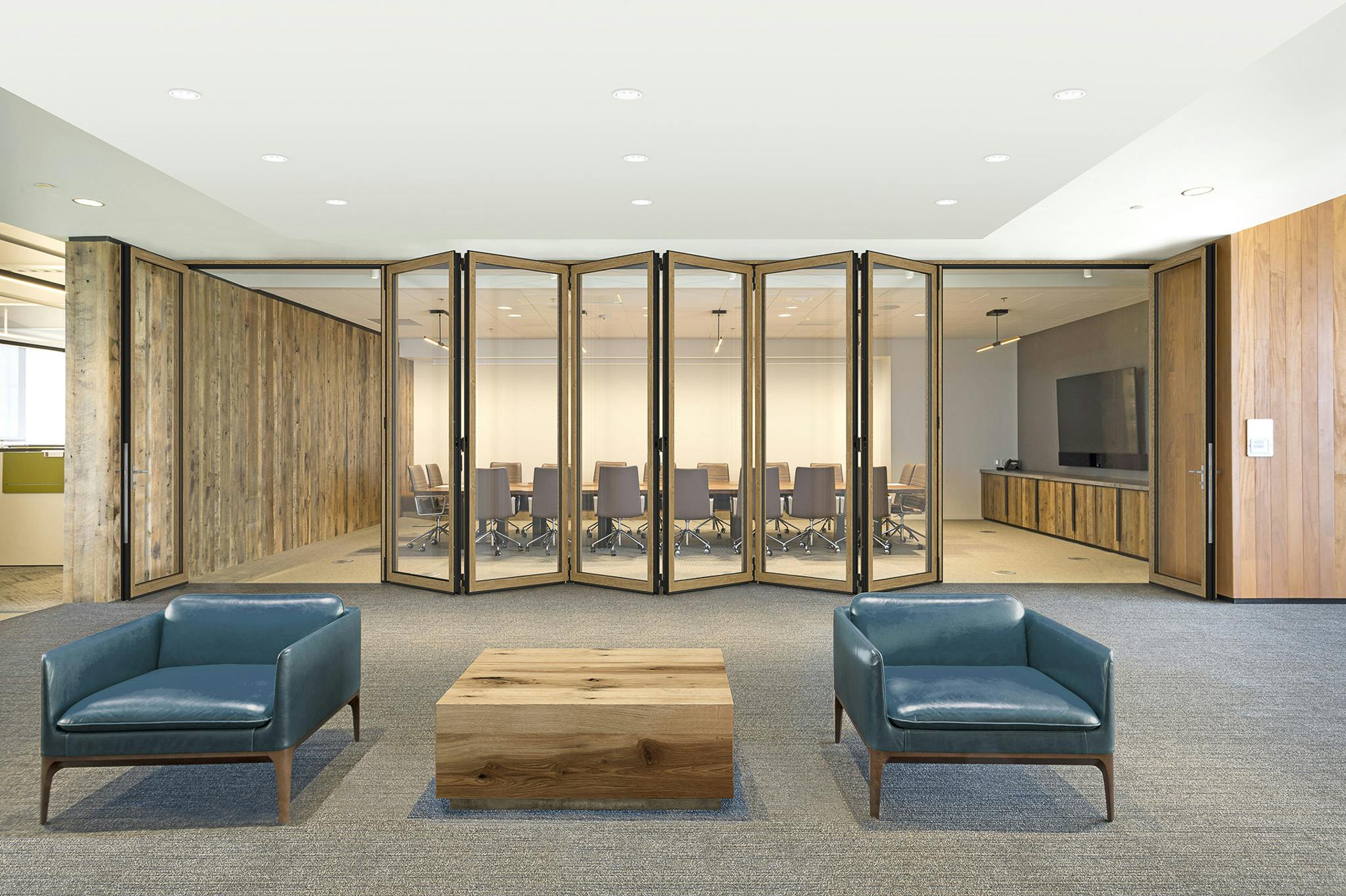 wood framed acoustic folding glass walls