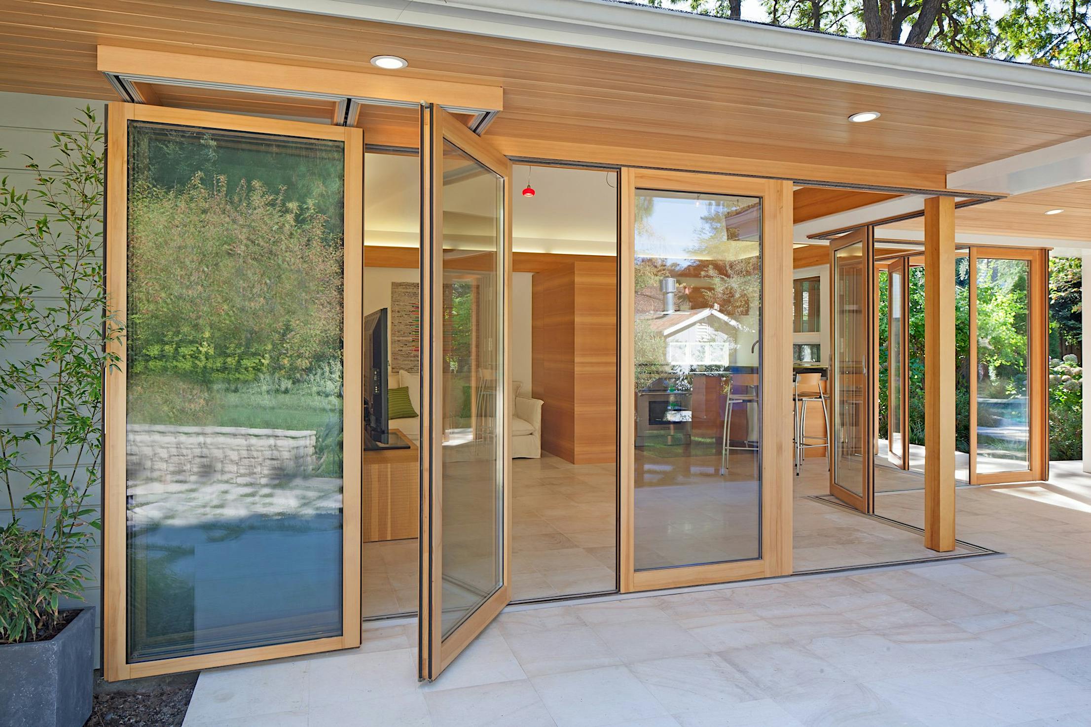 wood framed sliding glass walls
