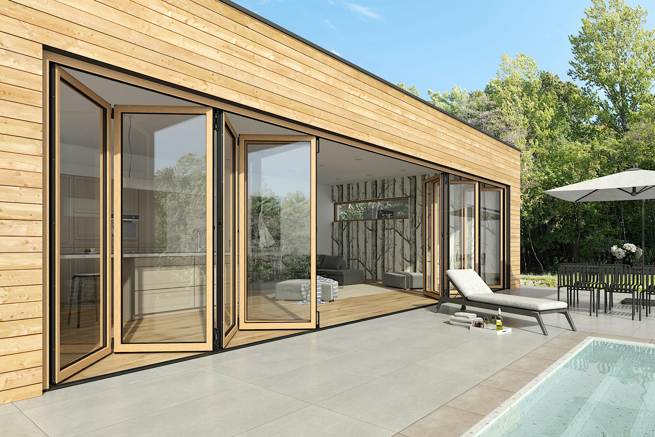 wood framed opening glass walls
