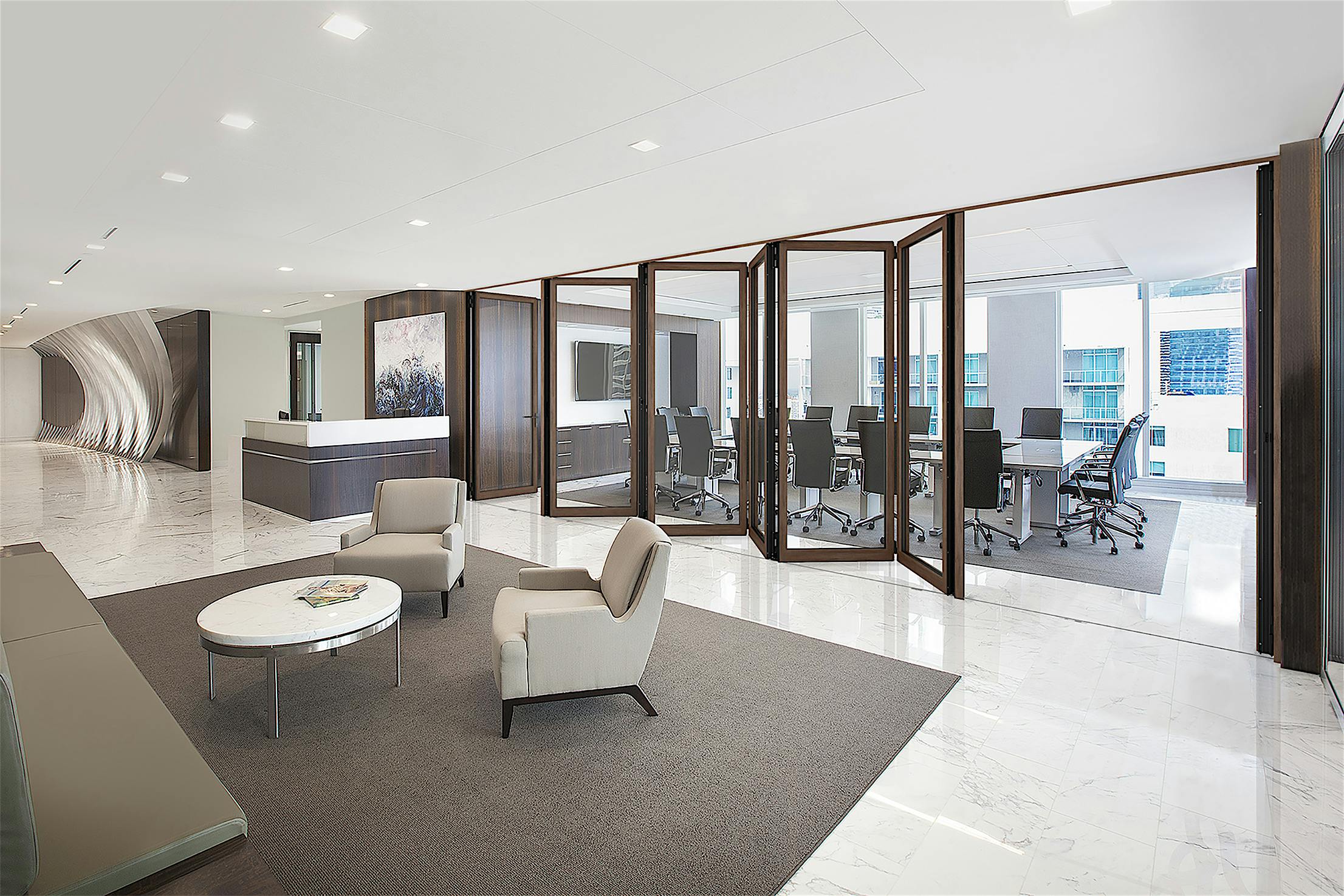 wood framed acoustically rated opening glass wall system for the workplace