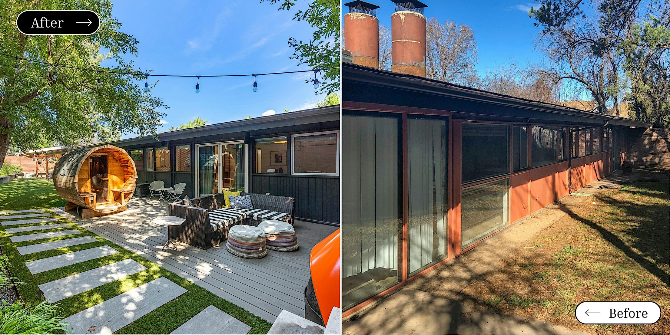 Mid-Century Modern patio with folding glass wall system