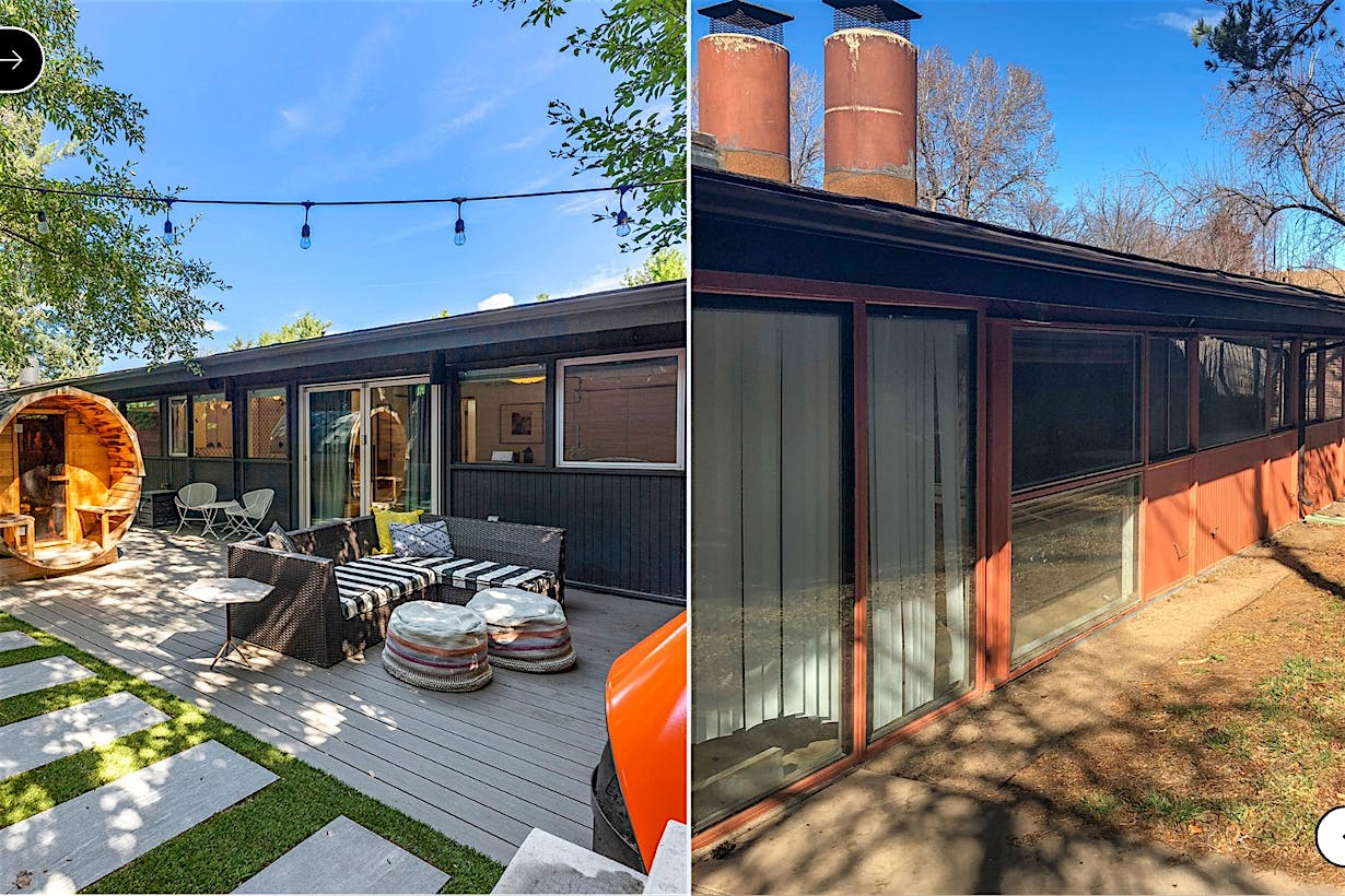 Mid-Century Modern patio with folding glass wall system