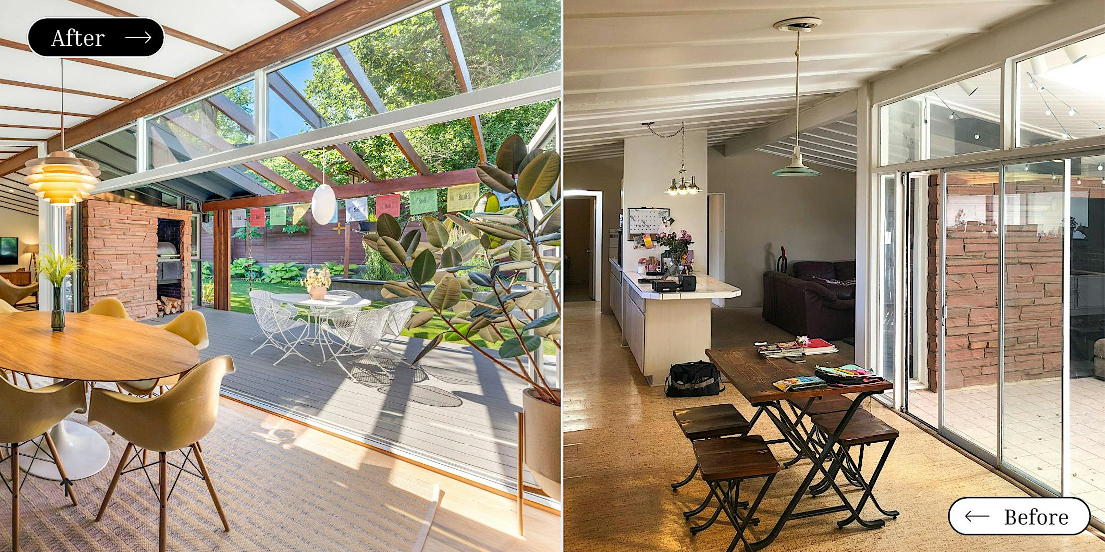 Mid-Century Modern historic home renovation with folding glass doors