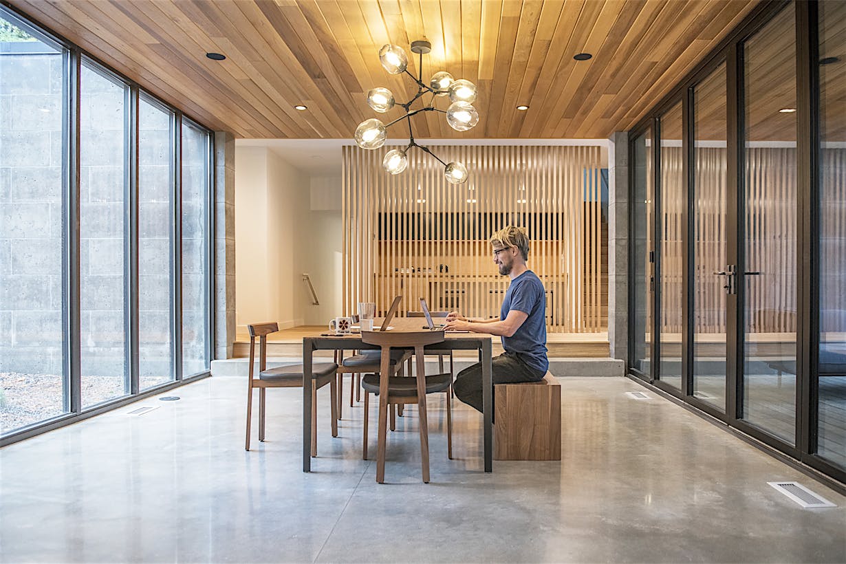 home office design with opening glass doors