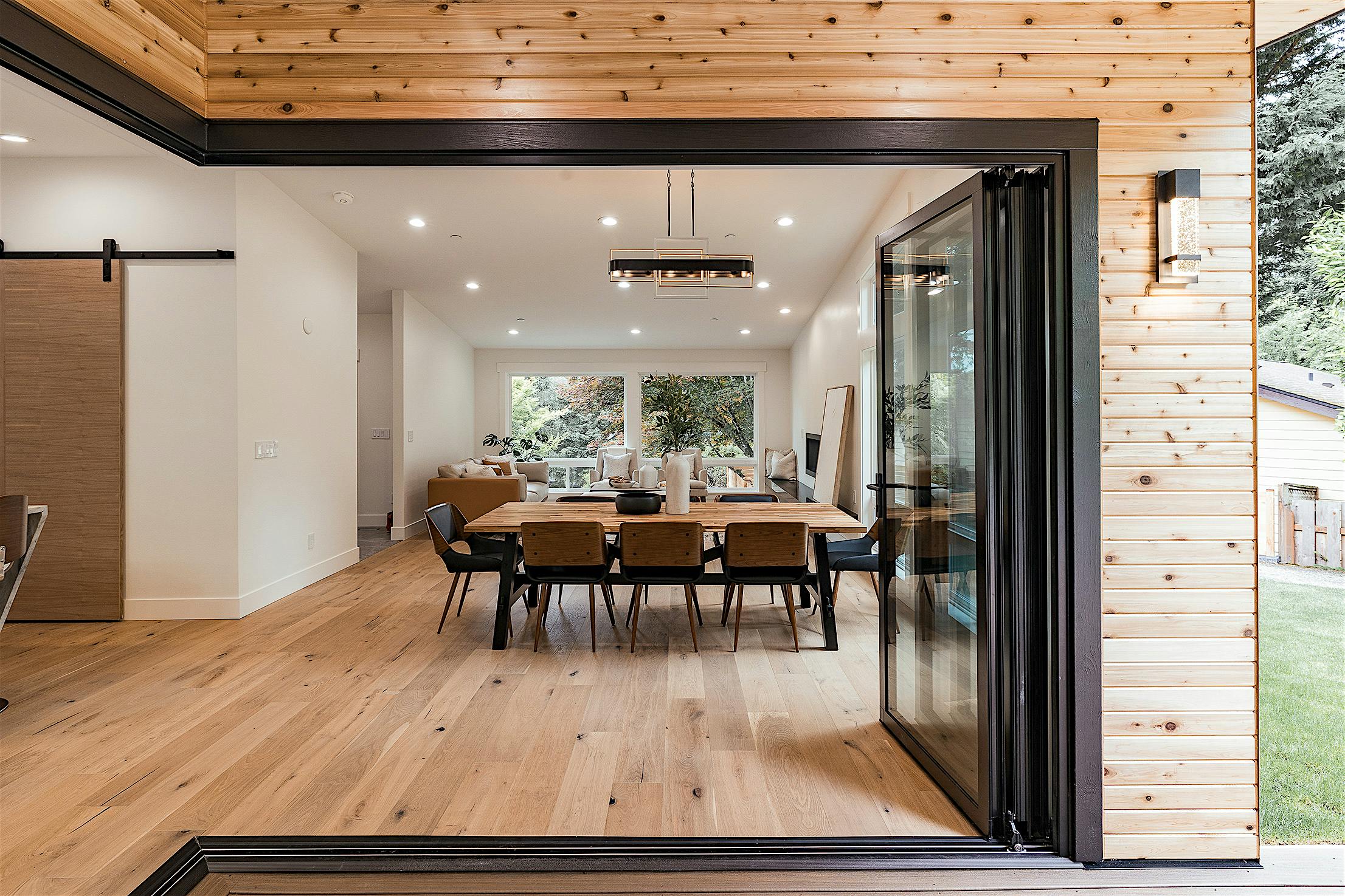 folding glass door system with open corner design