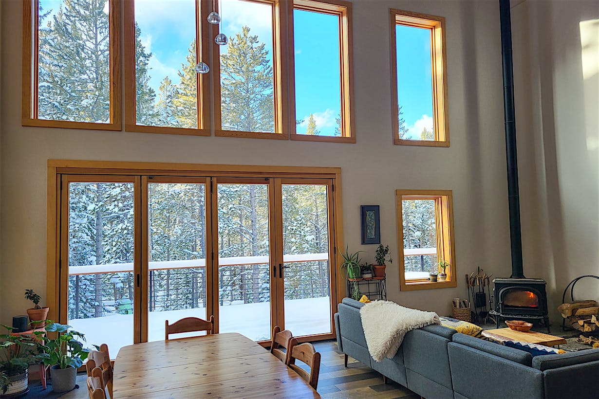 wood framed opening glass doors