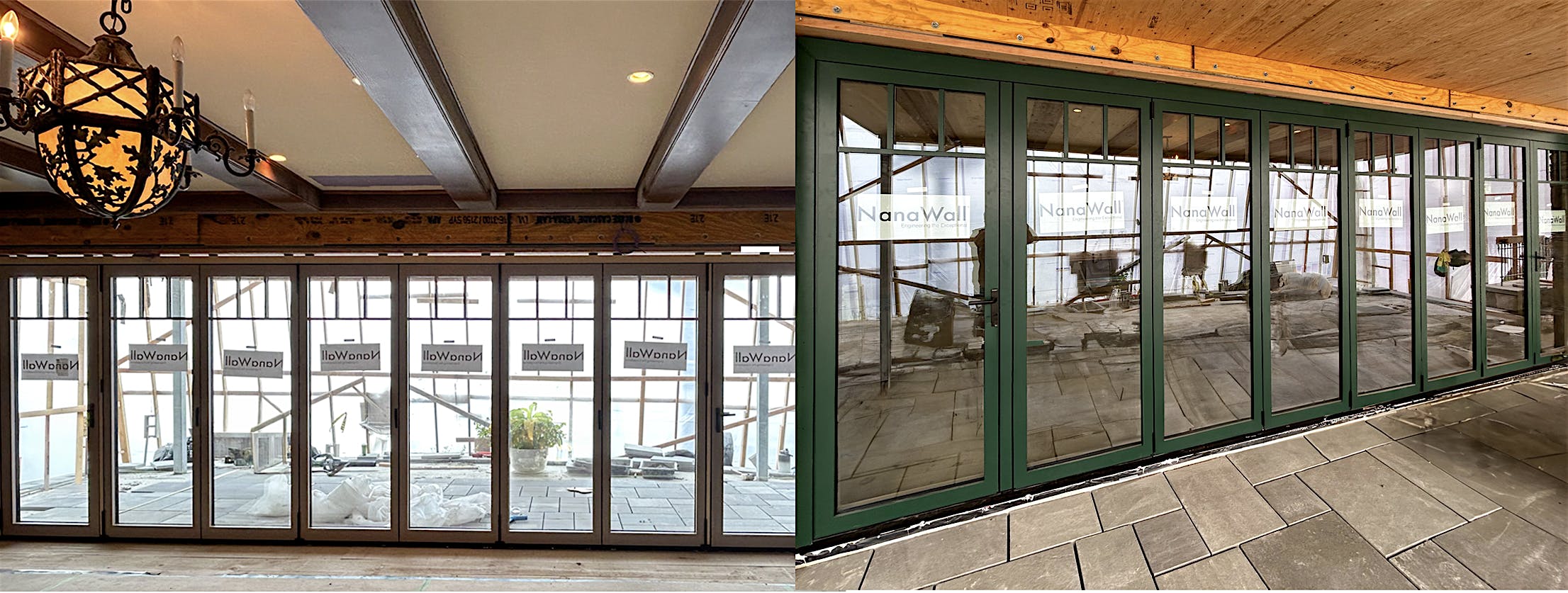 Large set of floor-to-ceiling folding glass doors finished in a dark green powder-coated exterior and rich wood interior.