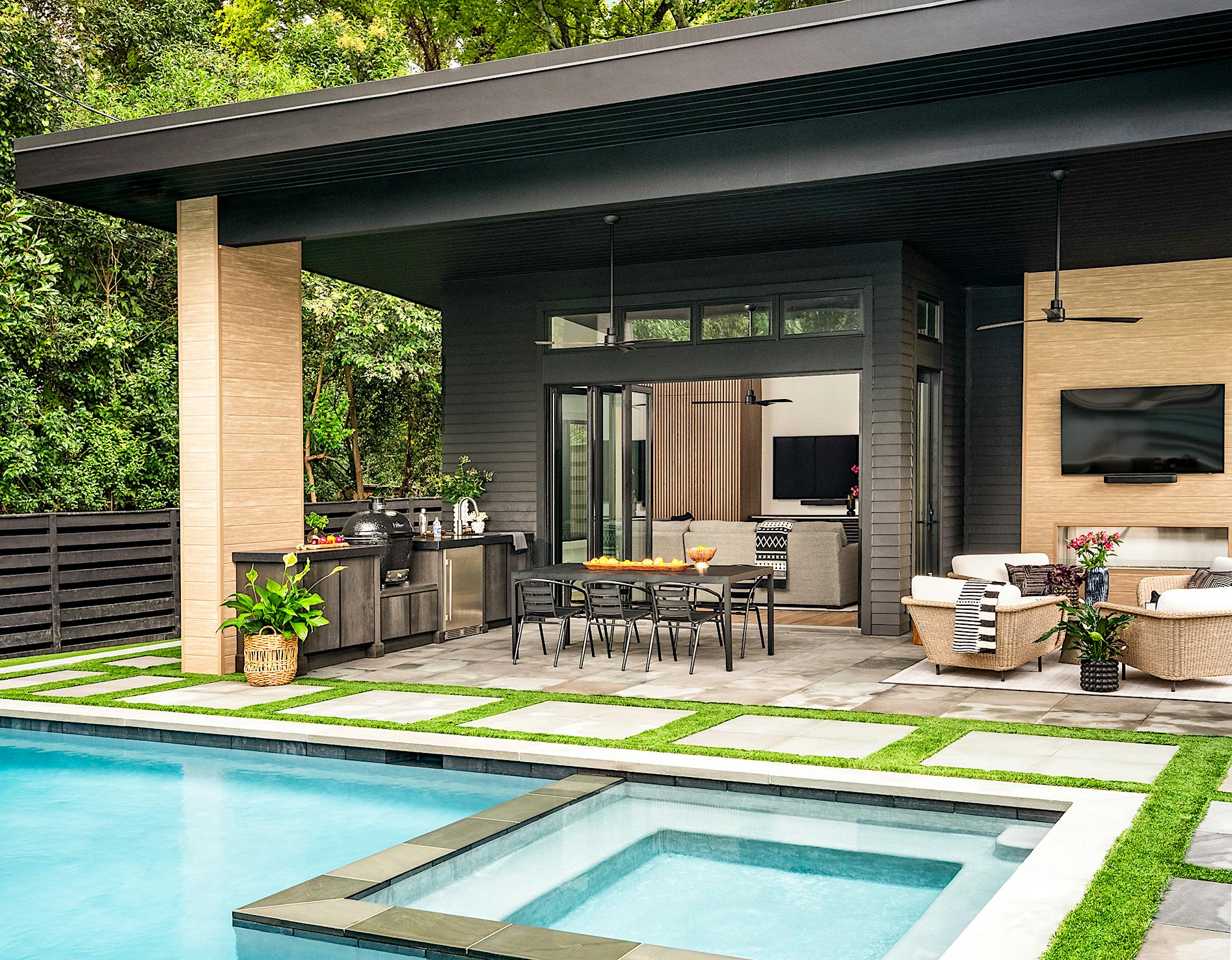 opening glass doors in pool house design