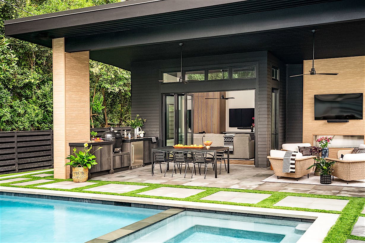 opening glass doors in pool house design