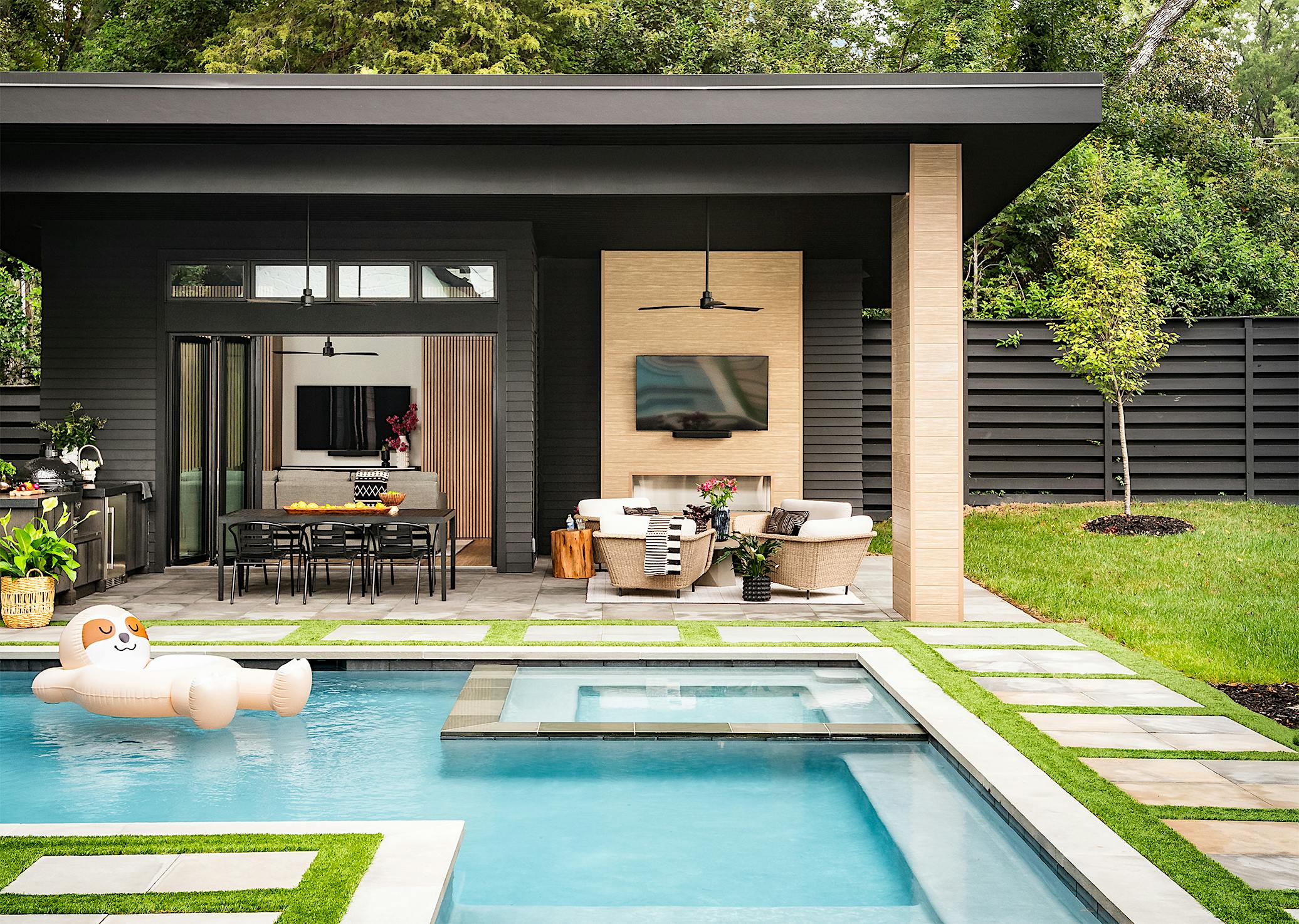 pool house opening glass doors