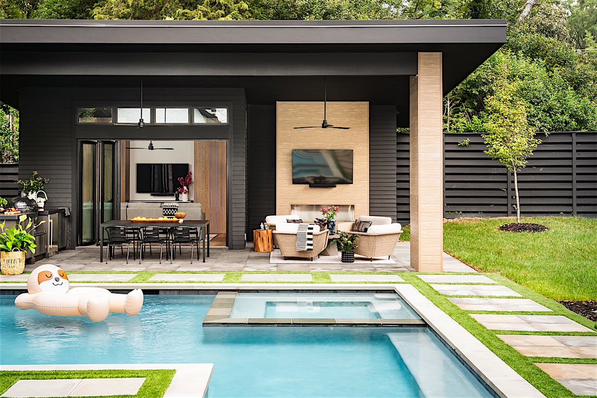 pool house opening glass doors