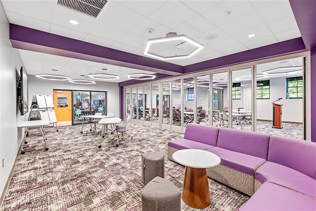 aluminum framed bifold glass walls in active learning classroom