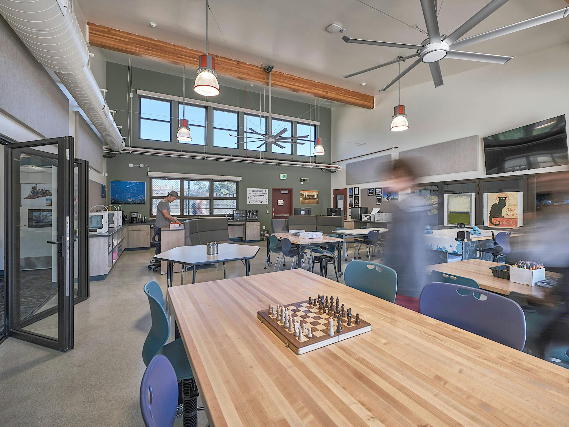 active learning classroom designed with bifold glass walls