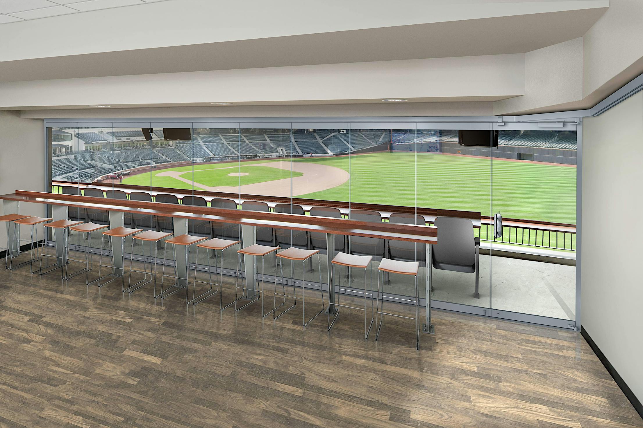 single track stacking glass door in stadium design