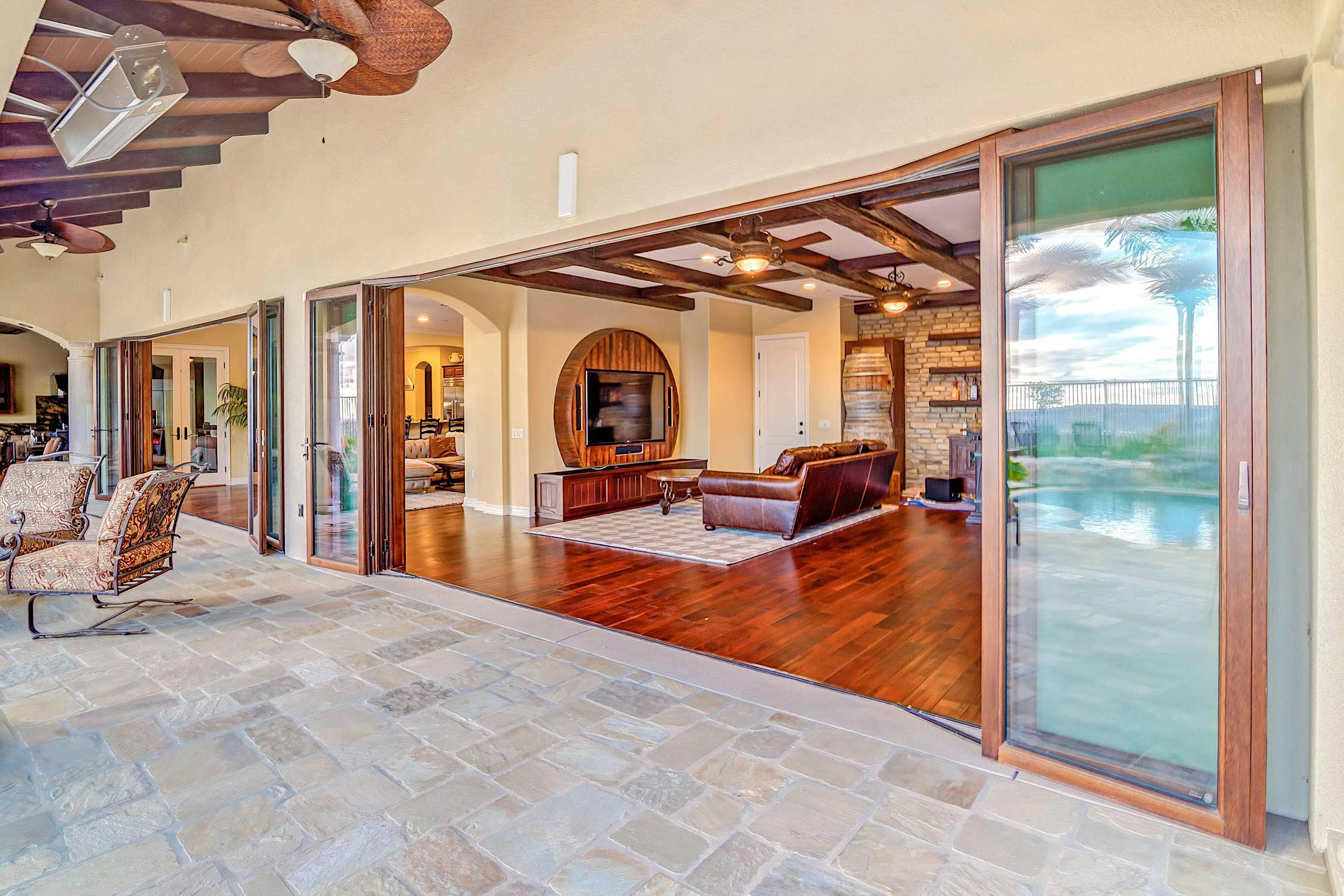 wood framed 180° Stacking Folding Glass Wall