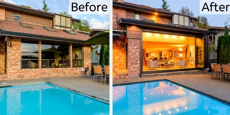 before and after remodel with opeing glass walls