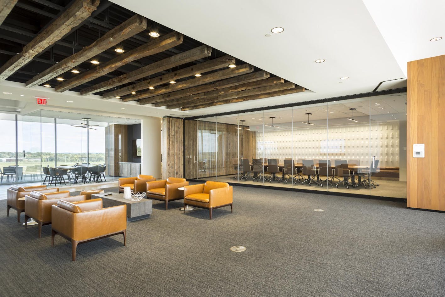 Sound control frameless glass walls in open office environment.